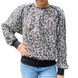 Koret Blouse Top Womens Size Medium Black Cream Vintage 90s Long Sleeve Foliage